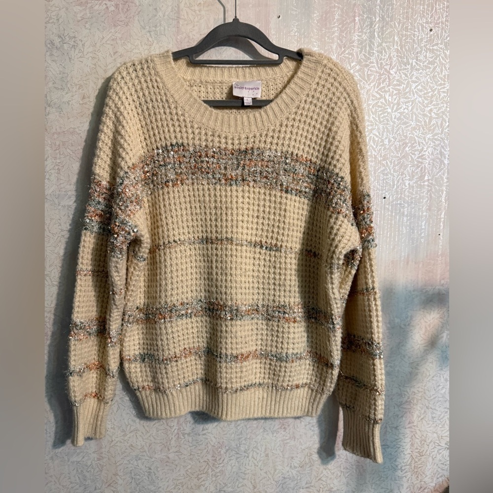 Honey & Sparkle Cozy Cream Sweater With Metallic Multicolor Details, Sz Large